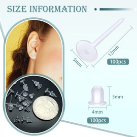 TOAOB 100 Pairs 5 mm Transparent Plastic Earrings Posts and Rubber Safety Back Clear Stud Earrings Stopper for School Stud Earrings DIY Jewellery Making Earrings Findings