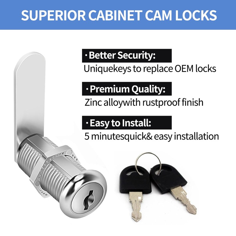 Cabinet Locks with Keys, 5/8" Long Cam Locks keyed Alike,