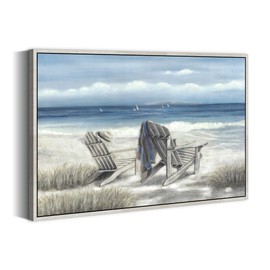 Beach Canvas Framed Wall Art: Living Room Blue Abstract Ocean Painting Modern Coastal Landscape Picture Contemporary Nautical Sea Wave Print Seaside Hand Painted Seascape Skyline Seashore Artwork