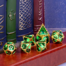 Cusdie Metal Dice Set, 7 Pcs DND Metal Dice, Dragon Scale Polyhedral Dice Set, for TTRPG Role Playing Game D&D Dice (Gold with Green)