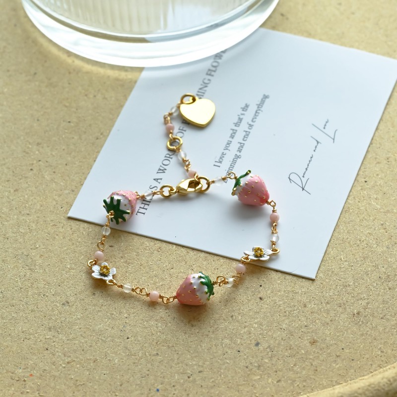 Strawberry Charm Bracelet Gold Enamel Dainty Fruit Women Jewelry