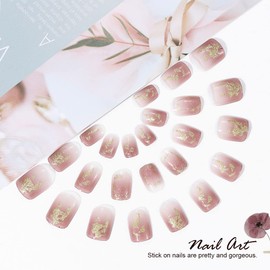 Vatocu Square Shiny Artificial Nails, French Pink Nails for Sticking, Short Sparkle False Nails, Gold Foil, Nude Acrylic Stick on Nails for Women and Girls (Pack of 24)