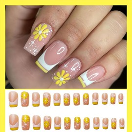 French Tip Press on Nails Coffin Fake Nails Flower Stick on Nails Spring Nails Glossy Shiny Glue Nails Reusable Full Cover Artificial Acrylic False Nails Press on Nails for Women Girls 24Pcs