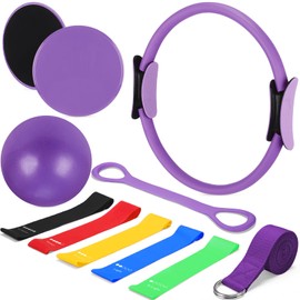 Arrowbash Set of 6 Style Pilates Home Equipment Set Pilates Essential Kit Workout Accessories 14 Magic Circle Mini Exercise Ball Yoga Strap Silicone Tension Strip Tension Band Sliding Plate(Purple)