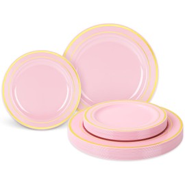 Whaline 50Pcs Light Pink Plastic Plate Gold Foil Bordered Disposable Plate Decorative Dinner Dessert Plate for Wedding Party Supplies Table Decor
