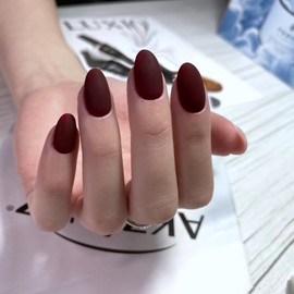 Matte Burgundy Red Press on Nails Short Oval Acrylic Nails Press on Solid Color Medium Short Oval Fake Nails for Women Reusable Thick Round Nails Glue on Medium Almond Nails Soft Gel False Nails 24Pcs