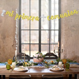 Mi Primera Comunion Banner, Baptism Decor for Baby Boy, My 1st Communion Decorations, Boy 1st Birthday Party Decorations, Christening Baby Shower Decor Gold Glitter