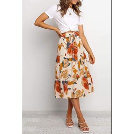 GUCURIN Skirt Women's Summer Midi Long Skirts High Waist Elastic Elegant Casual A-Line Long Skirt Beach Skirt, Beige with large floral, XL