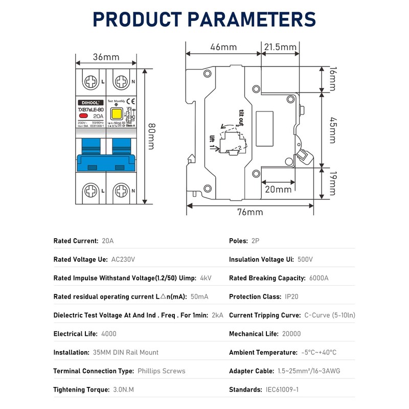 DIHOOL Rohs FI Circuit Breaker 1P+N 20A 30mA Type A