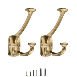LONHECAN Champagne Bronze Hooks Large Wall Mounted Decorative Solid Heavy-Duty Double-Sided Coat Hooks for Hanging Towels Coats Robes Towels Bag Bathroom Wall Hooks (2 Pack)