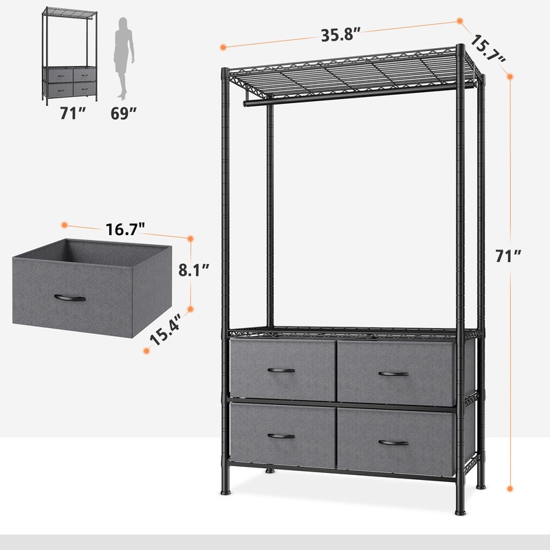 Raybee Clothes Rack with 4 Drawers and Shelves,Heavy Duty Clothing