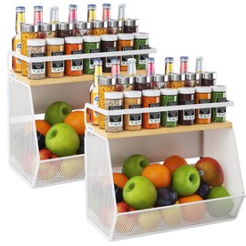 Magnetic Shelf for Fridge with Wide & Thick Magnet, 2 Pack Refrigerator Organizer Basket with Bamboo Top, Storage for Fruit, Potato, Onion, Kitchen, Pantry, Laundry (White, 13.8" x 6.8" x 11.8")