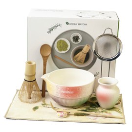 Matte Textured Ceramic Matcha Whisk Set, 8-Piece Matcha Kit Includes Matcha Bowl, Bamboo Whisk, Chasen Holder, Scoop, Scoop Rest, Sifter & Tea Towel for Japanese Tea Ceremony, Latte Making & Home Use