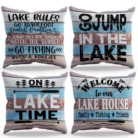 Lake Rules Welcome to Our Lake House Throw Pillow Cover Pillowcase 18x18 Inch Set of 4 Lake Cabin Decor for Lake Paddle Lake Porch Bench Lake House Room Bed Sofa, Lake Theme Room Decor