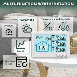 Home Weather Station Wireless Indoor Outdoor Thermometer with 3 Sensors,IPX4, 500ft Range Digital Thermometer Humidity Monitor with Atomic Clock, Weather Forecast for Home, RV, Garden | White