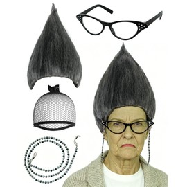 ANOGOL Grey Old Lady Wig for Women Granny Wigs Gray Anime Cosplay Wigs
