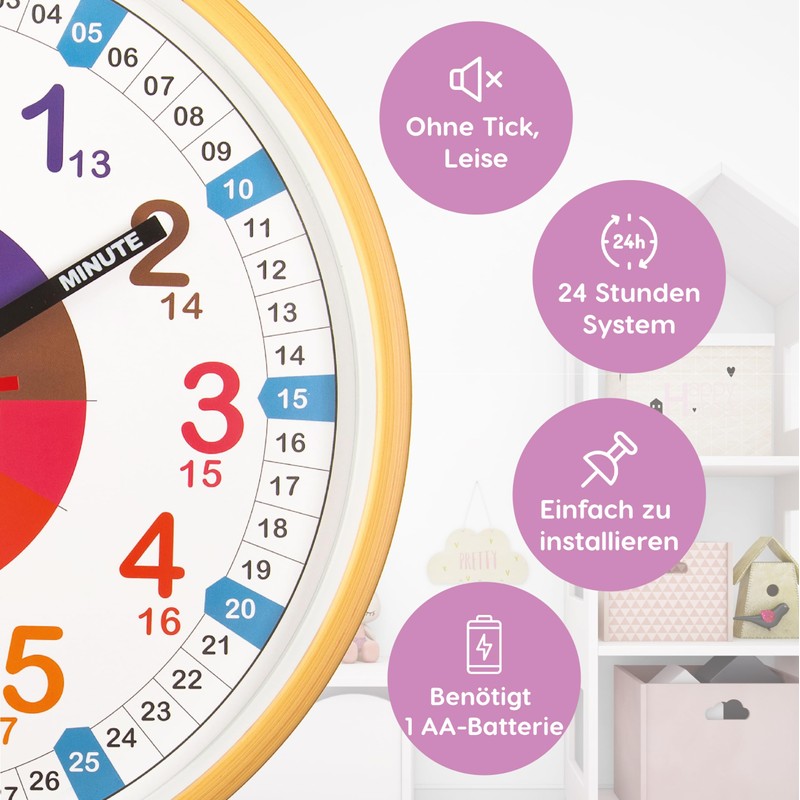 Kiddus Children's Wall Clock, Boys and Girls, Analogue Learning Clock