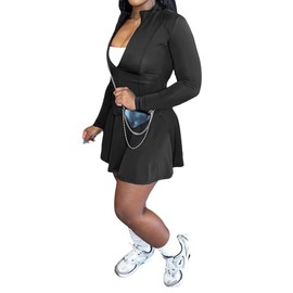 Women 2 Piece Tennis Dresses Long Sleeve Zipper Crop Top High Waist Pleated Tennis Skirt Travel Clothing Sets Black M