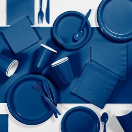 Navy Blue Party Decorations, Color Disposable Plates, Napkins, Cups, and Cutlery for 24 People, Box of 245 Pieces