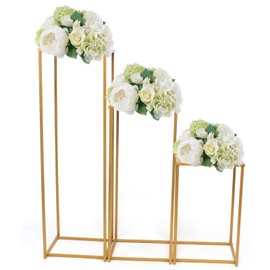 Set of 3 Metal Plant Stand Golden Nesting Display End Table Tall Pedestal Stand Indoor Outdoor Flower Pot Holder Stand Plant Square Display Rack Set for Wedding Garden Patio Terrace