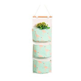 Andiker Wall Hanging Storage Bag, Linen Hanging Storage Organiser, Over Door Storage 3 Pockets Storage Bag with Waterproof PE Coated Interior for Door, Wall, Closet, Wardrobe (Green Flamingo)