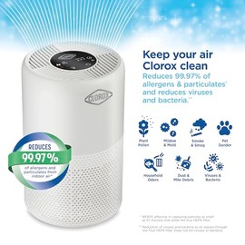 Clorox Turbo Air Purifiers for Home, True HEPA Filter, Quickly Cleans Medium Rooms Up to 1,000 Sq Ft, Reduces 99.9% of Mold, Viruses, Wildfire Smoke, Allergens, Pet Allergies, Dust, Whisper Quiet