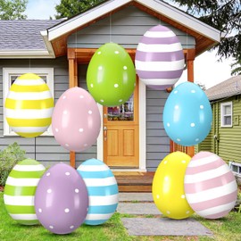Leyndo 10 Pack 16 inch Inflatable Easter Eggs Decorations Easter Inflatables Outdoor Decor Colorful Eggs Inflatable Easter Eggs Ornaments for Easter Yard Garden Lawn Party Supplies