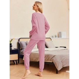 Ekouaer Pajama Sets for Women 2 Piece Outfits Oversized Loose Pjs Ribbed Knit 2024 Fall Trendy Slouchy Loungewear,Pink,XXL