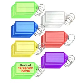 12/24/48/96 Pack Key Tags with Labels, Key Rings with Tags, Name Tags, Plastic Key Labels, Key Fobs with Labels - 6 Colours - Ideal for Luggage, ID, Name, Label for Home, Office, and School