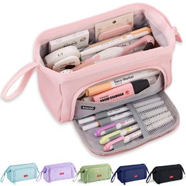MAMUNU Pencil Case Pouch Large Capacity with Compartments, Pencil Case Pouch Bag with Zipper Handle for Teen Girls Adults Women, Portable Pen Bag Stationery Organizer for Office School Travel, Pink