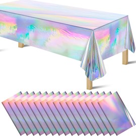 Iridescent Plastic Tablecloth 54" x 108" Iridescence Party Table Cloth Rectangle Laser Disposable Table Covers Holographic Foil Party Decoration, Birthday, Wedding, Christmas Decorations (16 Packs)