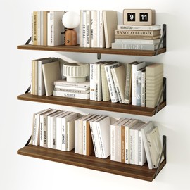 Fun Memories Floating Shelves, 32 x 8 Inches, Set of 3 Wall-Mounted Bookshelves with Metal Brackets, Decorative Storage for Home and Office (Walnut)