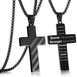Black American Flag Cross Necklace for Men Bible Verse,Always Remember Christian Religious Scriptures Faith Baptism 1st First Communion Cross Pendant Chain for Boys,Father's Day Gifts For Dad Jewelry