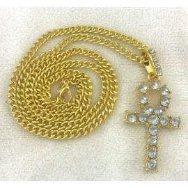 Buycelebrate 14k Gold Egyptian Ankh Loop Cross Pendant Cuban Curb Link Chain Necklace 3mm 24"