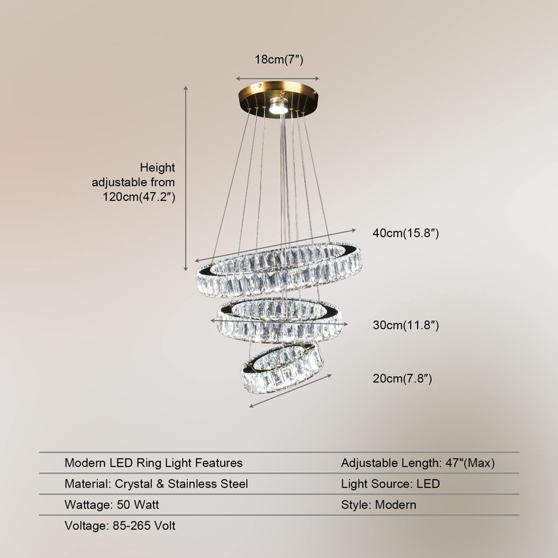 FRIXCHUR Modern LED Chandeliers Crystal Pendant Light 3 Ring Chandelier
