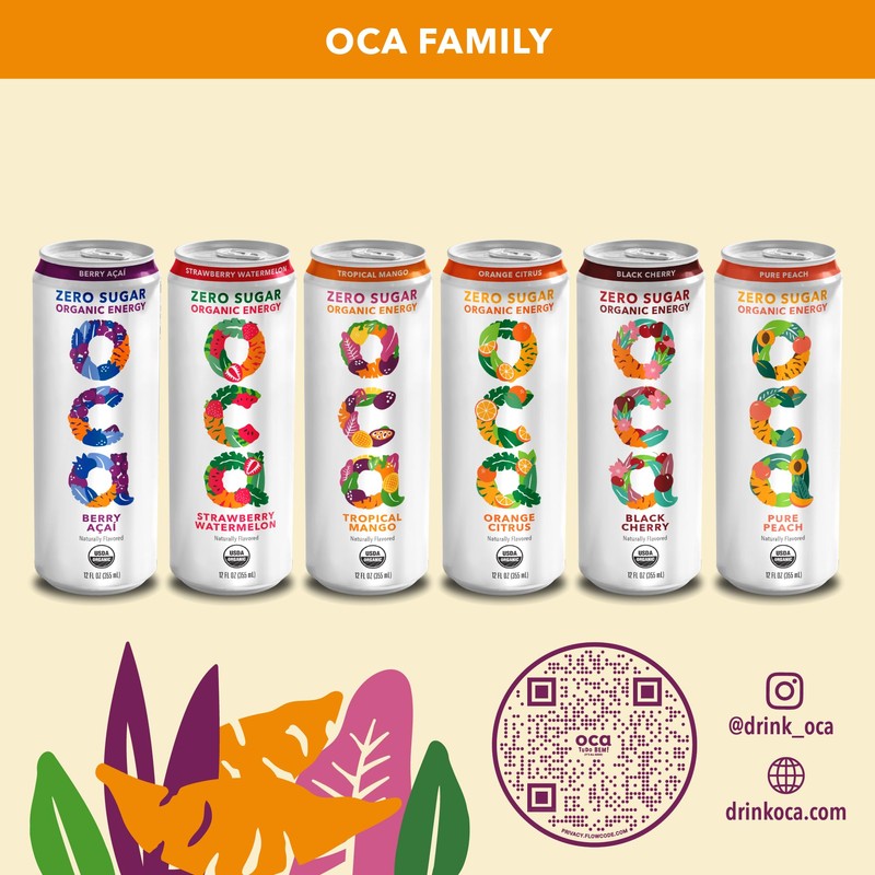 OCA ZERO Tropical Mango, Organic energy drink, zero sugar, gluten-free,