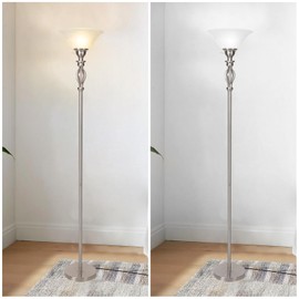 HonoDing Torchiere Floor Lamps for Living Room & Bedroom – Stand Up Lamp with Corner Floor Lamp Design – Traditional Iron Scroll 70" Tall Alabaster Glass Bowl Shade (Brushed Nickel)