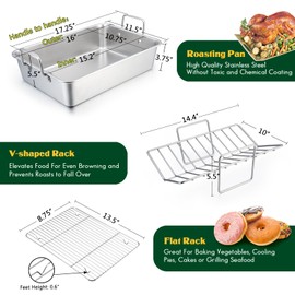 E-far Roasting Pan, 16 x 11.5 Inch Stainless Steel Turkey Roaster with V-shaped & Flat Rack, Non-toxic & Heavy Duty Deep Broiling Pan, Dishwasher Safe - Large