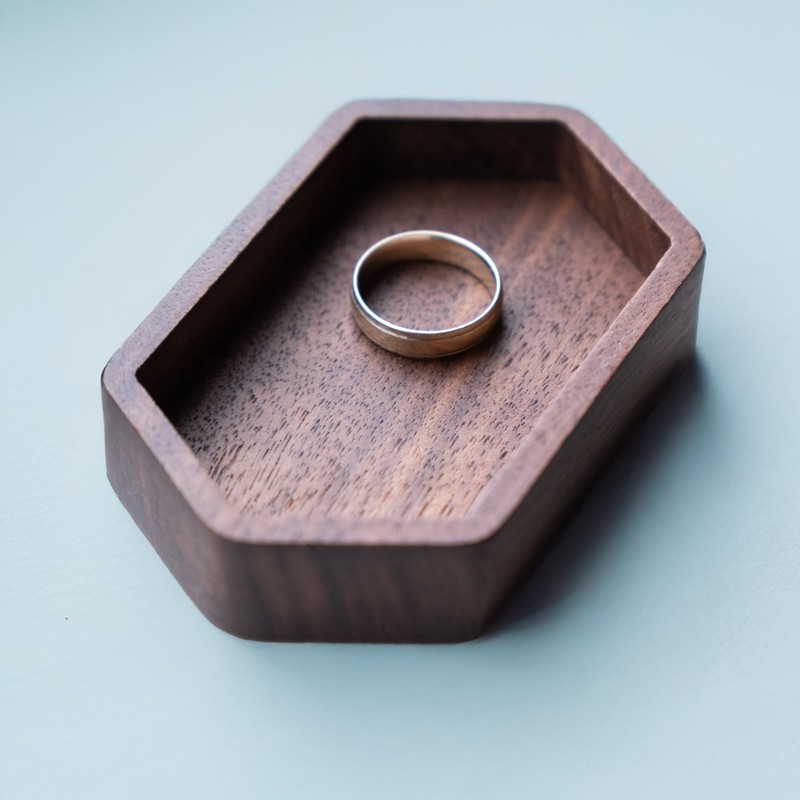 Walnut Wood Ring Tray, Narrow Hexagon Hardwood Holder, Slim Hexagonal