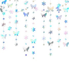 WODJR Butterfly Garland Butterfly Party Decorations Butterfly Banner Iridescent Garland Butterfly Streamer String Backdrop Butterfly Flower Banner for Butterfly Iridescent Birthday Party Decorations