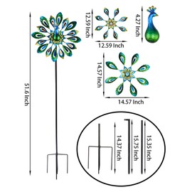 MUMTOP Wind Spinner 51 Inch Peacock Wind Spinner Outdoor Metal with Double Wind Sculpture for Patio, Lawn & Garden Decor