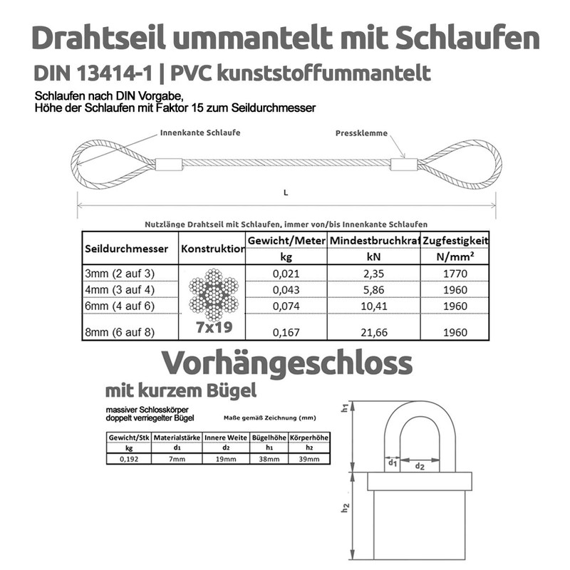 Drahtseile24 Steel Cable Lock, Loop Cable with Lock, Anti-Theft Device