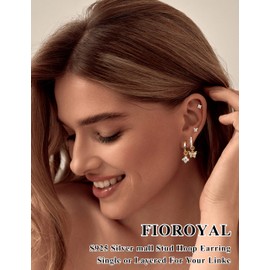 FIOROYLA Sterling Silver Post Gold Earrings Set for Women - 14K Gold Cartilage Earring Hypoallergenic Small CZ Flower Huggie Hoop Earrings Dangle Earrings SFLO