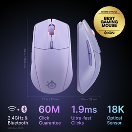 SteelSeries Rival 3 Wireless Gen 2 Gaming Mouse - 2.4GHz and Bluetooth - 18000 DPI TrueMove Air Optical Sensor - 60 Million Click Durability - Light-Weight - 100% PTFE Feet - Lavender
