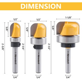 Newdeli 3Pcs Bowl and Tray Template Router Bit Set 1/4 Inch Shank Carbide Juice Groove Round Nose Router Bit with Bearing 1/2",3/4",1-1/8" Dish Carving Router Bits Wood Cutter