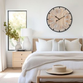 EMAX HOME 20 Inch Large Farmhouse Wall Clock, Rustic Antique Wood with Metal Circle and Large Engraved Numerals, Silent Battery Operated Wall Clock for Office Kitchen Bedroom Living Room