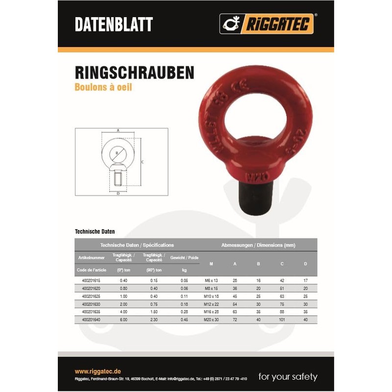 Riggatec Eye Bolt Heavy Duty M16 Red 4.0 t
