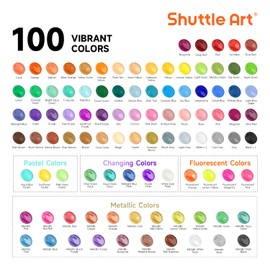 Shuttle Art 100 Colors Acrylic Paint, 2oz/60ml Bottles, Include 2 Sets of 12 Paint Brushes, 1 Art Sponge & Palette, Premium for Artists, Beginners & Kids on Canvas Rocks Wood Ceramic