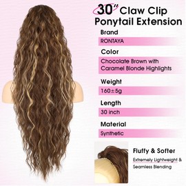 RONTAYA Ponytail Extension, 30 Inch Highlights Claw Clip Ponytail Extensions for Women, Multi Layered Fluffy Thick Curly Wavy Jaw Clip in Fake Pony Tails Fake Hair Soft Wave Synthetic Hairpiece