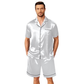 Ekouaer Satin Matching Pajamas Sets Couple Silk Button Down Sleepwear Women & Men Short Sleeve Pjs Lounge Set Light Grey,M